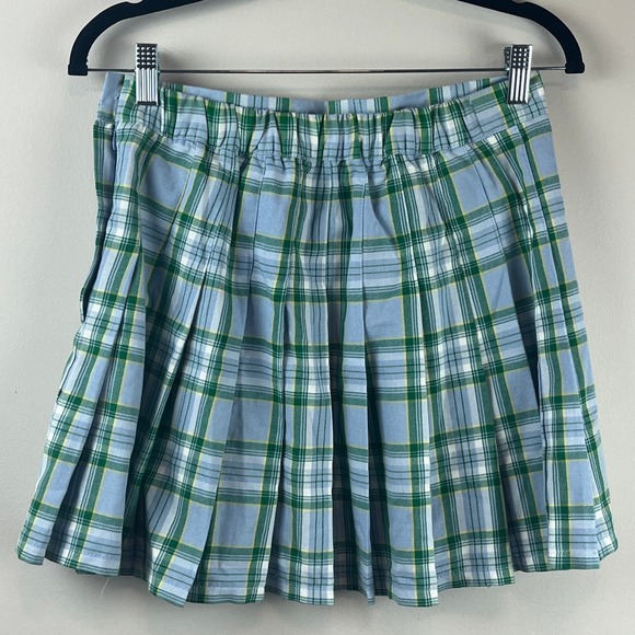 NWT Aerie Class Act Blue Green Plaid Pleated Mini Skirt Medium - Picture 3 of 5